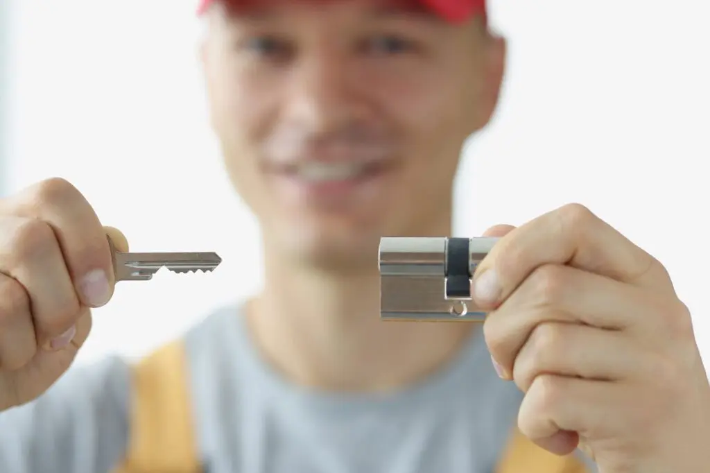 young man uniform holding keyhole key closeup (1)